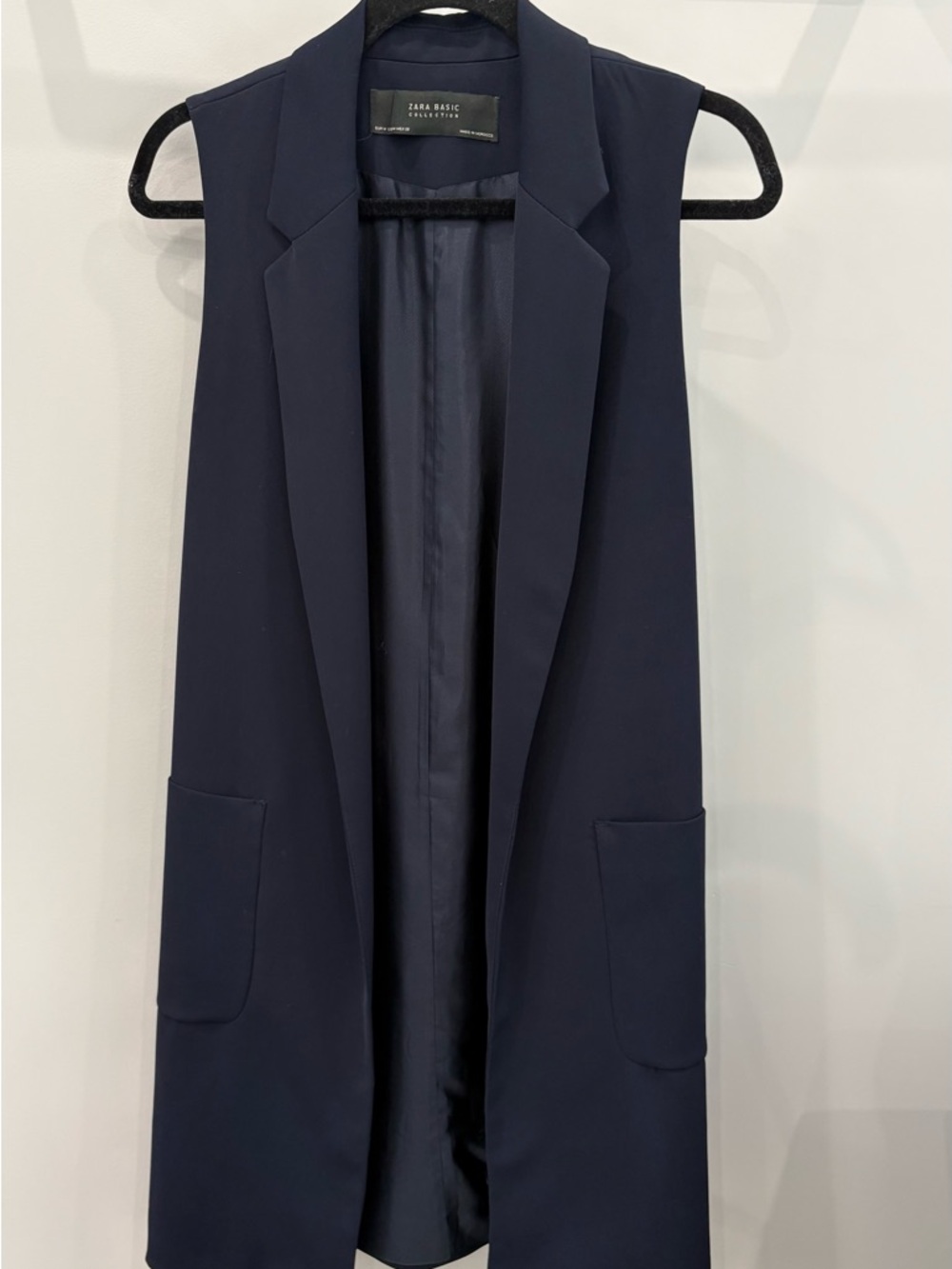 Zara Navy Sleeveless Longline Vest with Notch Lapel